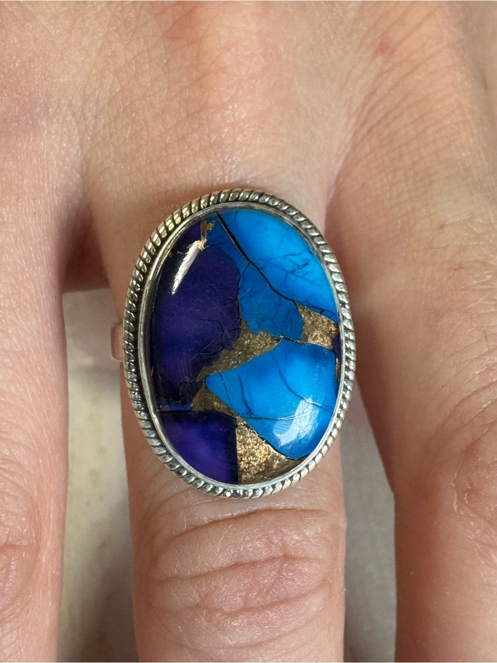 Purple Blue Turquoise Dahlia Sterling Silver Oval Statement Ring - Size 7